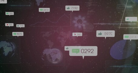 Floating bubble showing comment, thumbs up icons in space UI, with map, callouts, pie-chart and HUD