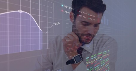 Analyzing analyst in suit with smartwatch viewing transparent data interface in office, copy space