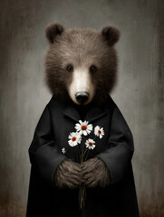 Gentle anthropomorphic brown bear in a black coat holding a bouquet of white daisies, a moody, soft-focus digital painting with vintage style