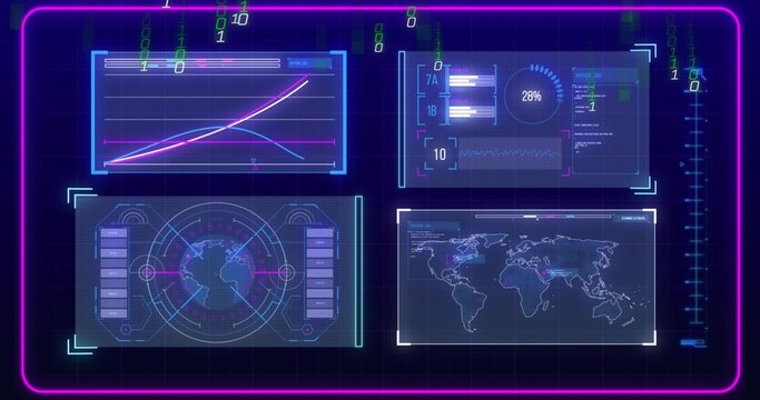 Displaying holographic interface floating in console, with line graph, binary digits and neon frame