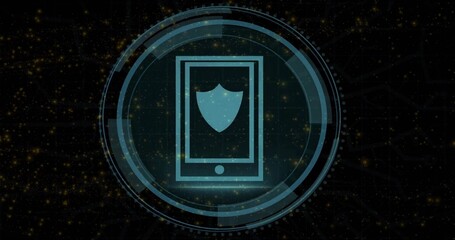 Displaying cyan shielded device icon rotating in concentric UI rings in network, with golden nodes