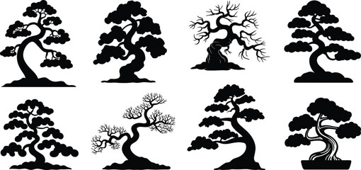 Bonsai tree silhouette collection, Japanese miniature plant art, black vector illustration, decorative nature icon set, zen gardening, cad drawing flat vector illustration