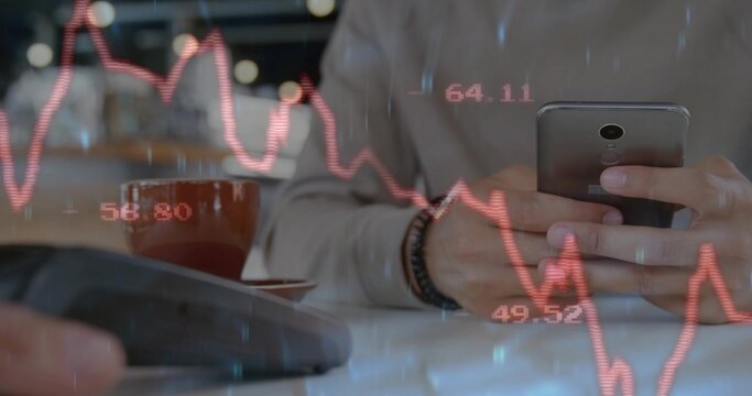 Man tracking stock market trends on smartphone at office desk with fluctuating chart, copy space - Powered by Adobe