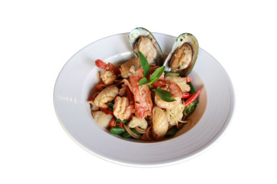 A delightful seafood dish beautifully arranged on a plate, showcasing a variety of fresh ingredients and vibrant colors. The dish is a culinary masterpiece, tempting taste buds