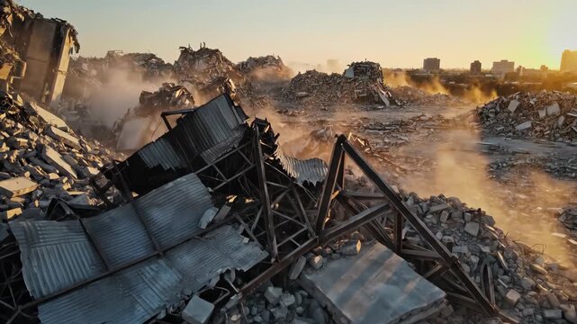 Ruins of a Collapsed Building Surrounded by Debris and Rubble