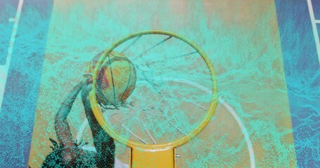 Athlete in sleeveless top dunking basketball through rim at court, with backboard, net, court lines