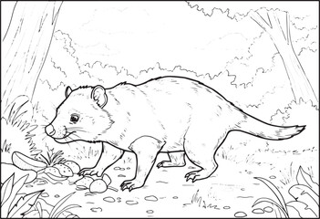 Detailed Line Art Depicting a Tasmanian Devil in a Forest Settin
