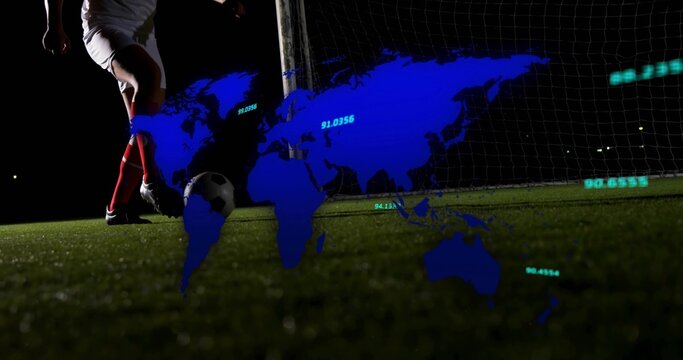 Player in white kicking ball toward goal net on turf under floodlights, with digital map overlay