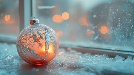 Broken Christmas ornament on snowy windowsill with warm glow  
