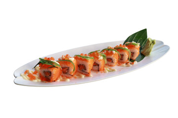 Delicious sushi rolls artistically arranged on a white plate. This mouthwatering dish is adorned with fresh ingredients and vibrant colors