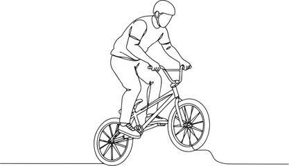 Fototapeta premium Single continuous line drawing of a man riding a bmx bicycle iso