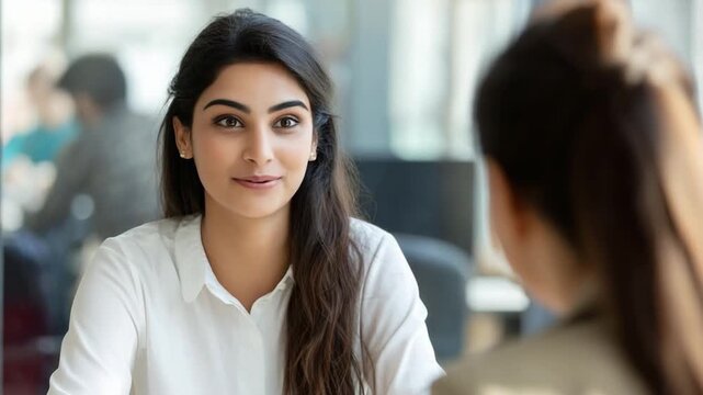 A woman with long dark hair in a white blouse smiles while talking to a colleague in a bright office.