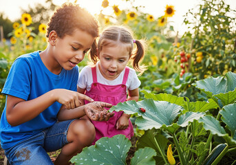 Two happy diverse children discovering nature in a sunny summer garden, pointing at an insect on a leaf.