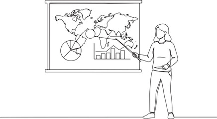 Minimalist line drawing of a woman presenting global business da