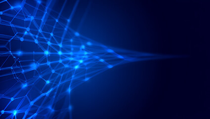 Abstract digital network with blue glowing dots and lines, connecting data points on a dark background