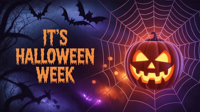 Glowing Pumpkin Lantern with Spider Web & Flying Bats – It’s Halloween Week Celebration Design