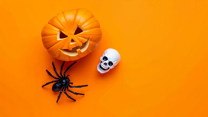 Spooky Halloween icons including a carved pumpkin, a spider, and a skull on an orange background