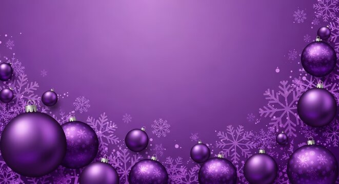Festive purple christmas baubles and snowflakes adorn a vibrant purple background, creating a magical holiday celebration atmosphere - Powered by Adobe