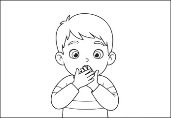 Line art of a surprised boy covering mouth with hands, expressin