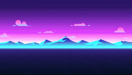 Retro Sci-Fi Landscape with Mountains and Glowing Grid