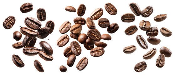 Obraz premium PNG Roasted coffee beans scattered, element set on transparent background