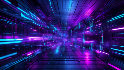 Dynamic futuristic digital tunnel with vibrant blue and purple neon light lines creating an illusion of rapid data flow and advanced technological networks