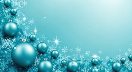 Vibrant teal christmas baubles and sparkling snowflakes create a cool, refreshing winter wonderland on a bright teal background