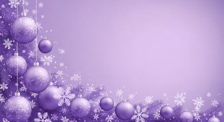 Festive purple christmas ornaments and snowflakes adorn a soft lavender background, creating a beautiful holiday border for your design needs