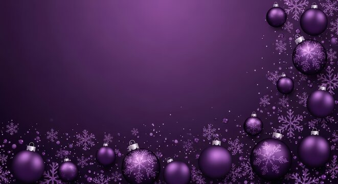Vibrant purple christmas baubles and snowflakes create a festive border on a deep purple background, perfect for unique holiday designs
