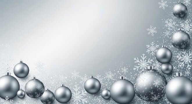 Elegant silver christmas baubles and snowflakes forming a festive border on a soft grey background, perfect for holiday greetings and winter themes