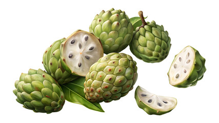 Obraz premium Beautiful Arrangement of Fresh Green Sugar Apples with Slices and Leaf