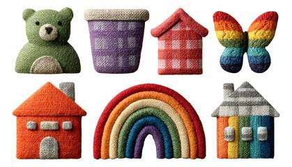 Colorful Felt Shapes Featuring a Bear, House, Butterfly, and Rainbow on Transparent Background