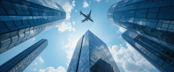 Airplane panoramic view flying on business skyscrapers of financial center. Travel, economy, cargo, transportation concept