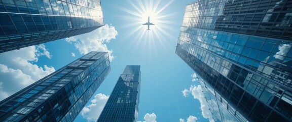 Airplane panoramic view flying on business skyscrapers of financial center. Travel, economy, cargo, transportation concept