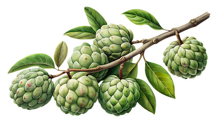 Watercolor painting of Sugar Apples on a branch with leaves and detailed texture