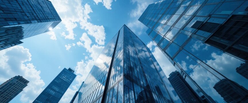 Airplane panoramic view flying on business skyscrapers of financial center. Travel, economy, cargo, transportation concept
