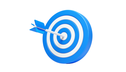 3D rendered image of a blue and white target with an arrow directly in the bullseye