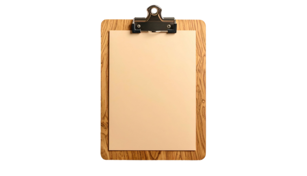 A wooden clipboard with blank paper held in place by a metal clip