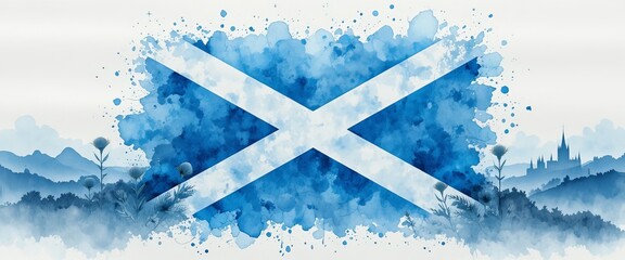 Watercolor illustration Grunge painted Scotland flag in beautiful landscape. Template for invitation, poster, flyer, banner. Abstract watercolor splashes flag of Scotland. Saint Andrew day concept