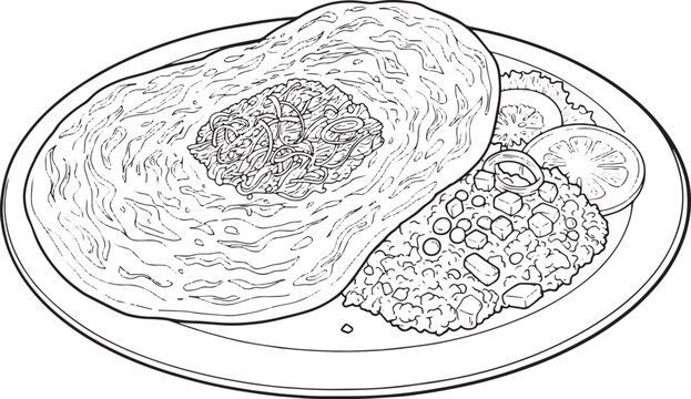 Detailed line art illustration of kottu roti, a popular Sri Lank