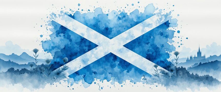 Watercolor illustration Grunge painted Scotland flag in beautiful landscape. Template for invitation, poster, flyer, banner. Abstract watercolor splashes flag of Scotland. Saint Andrew day concept