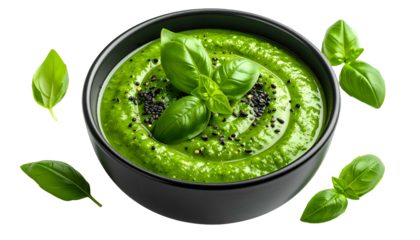 A close-up shot shows a bowl of vibrant green soup garnished with basil leaves