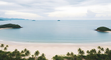 Breathtaking aerial view of a pristine tropical beach with soft white sand and calm turquoise waters, flanked by lush green islands under a serene sky, embodying a peaceful vacation paradise