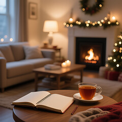 Cozy Winter Evening with a Cup of Coffee, Open Notebook and Pen by a Warm Fireplace and Christmas Tree

