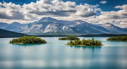 Turquoise lake with forested islands and majestic mountains under a cloudy blue sky