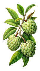 Fototapeta premium Artistic rendering of three custard apples hanging on a branch with leaves