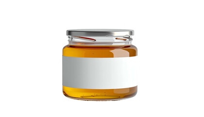 Small jar of amber liquid with a silver lid and a blank white label against black