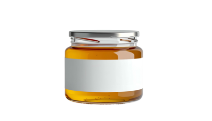 Small jar of amber liquid with a silver lid and a blank white label against black