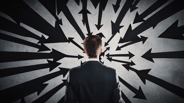 Rear view businessman in a dark room with multiple arrows pointing towards him, blaming as guilty person. Leading business under big pressure, social victim concept