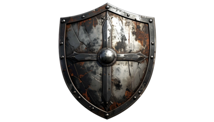 A weathered medieval shield with a cross design, showing signs of age and wear